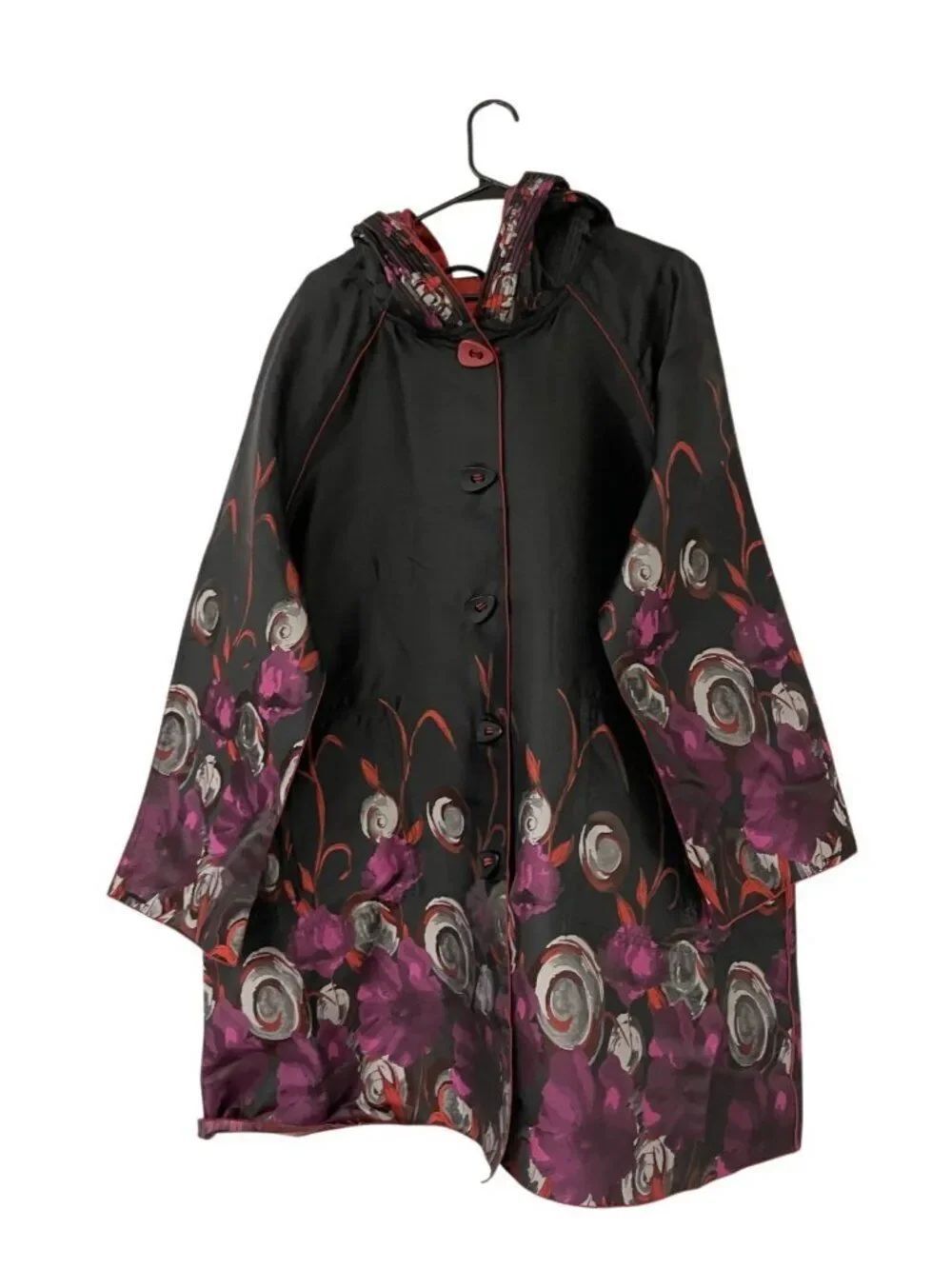 Ubu Womens Reversible Raincoat XL Red Pink Flowers Button Front Hooded NWT